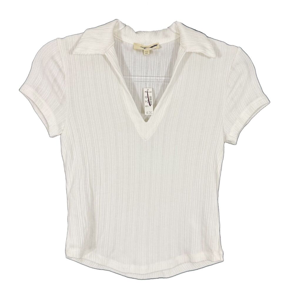 MADEWELL Ribbed V-Neck Polo Top XXS Lighthouse White Slim Fit Short Sleeve B52